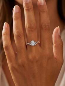 1pc S925 Sterling Silver Cubic Zirconia V-Shaped Semi-Circle Heart Ring, Exquisite & Unique, Jewelry Gift For Ladies To Attend Balls, Gatherings And Parties - V-shaped Micro-inlay Semi-circle - View 7