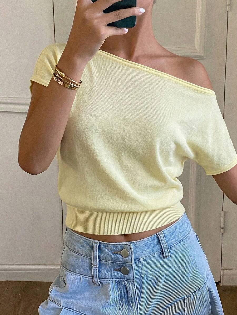 女士休闲黄色露肩针织上衣，适合度假、情人节及日常穿着 - 黃色 - 查看 1