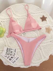 女士浅粉色三角比基尼套装，简约纯色两件式泳衣，适合海滩度假 - 粉色 - 查看 3