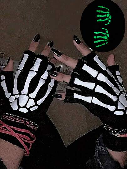 2pcs Glow-In-The-Dark Skeleton Nylon Quilted Half Finger Gloves, Suitable For Parties, Travels, Festivals, Outdoor Activities, Running, Daily Wear, Campus Style, Gifts For Men And Women, Valentine''s Day Gifts