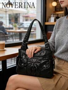 1pc Vintage Large Capacity Handbag, Vintage PU Shoulder Messenger Bag, Women Casual Tote Bag And Wallet - 黑色 - 查看 4