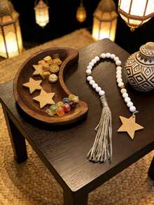 1 Set - Crescent Wooden Tray + Brown & White Wooden Bead Star Tassel Wreath Decor. Party Table Centerpiece, Birthday Party Supplies, Ramadan, Valentine's Day, Thanksgiving, Easter Home Decor And Storage Accessory, Family Gathering Centerpiece - Multicolor - View 2