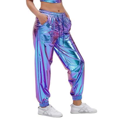 COS Women's Pants With Gold Embossed Detailing, Jogging Pants, Sporty Style, Shiny Leather, Loose Fit, Performance Costume, Role-Playing Outfit, Performance Pants