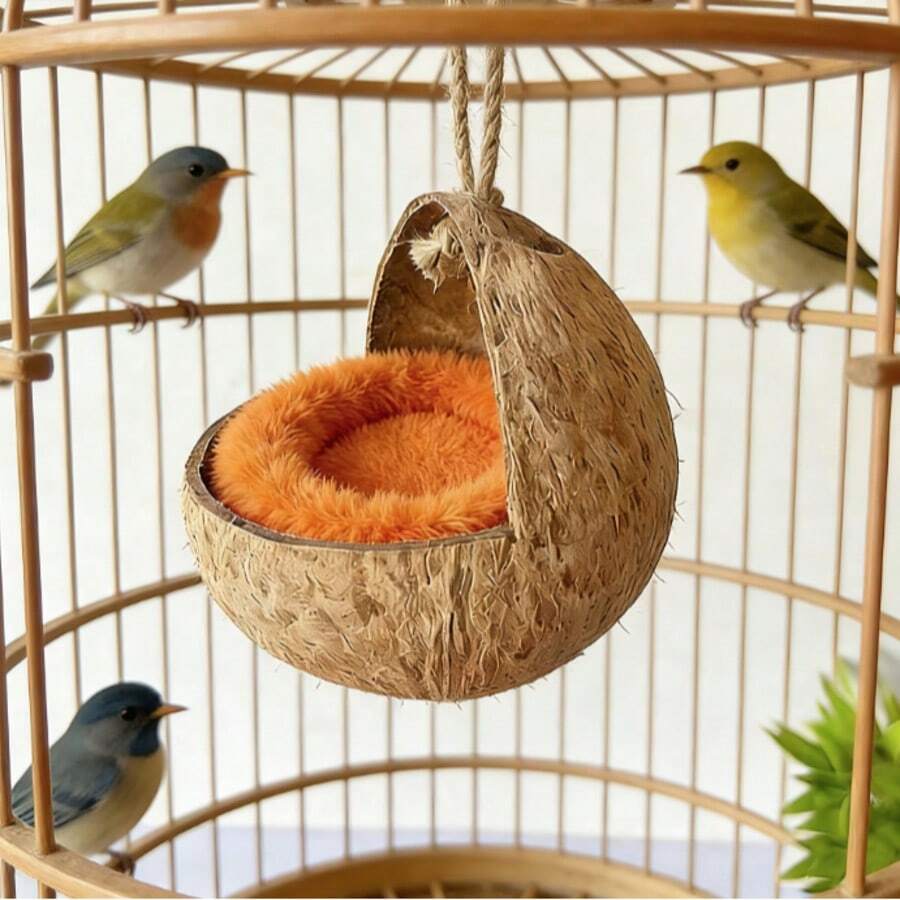 Natural Small Pet Coconut Shell Bird Nest, House, Bed, Breeding Nesting, Anti-Chew, With Warm Pad And Bell For Parrots, Cockatiel, Finch