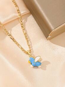 1pc Copper Inlaid Zirconia Elegant Cartoon Enamel Crafted Cute Blue Pendant Necklace, Suitable As Gift For Girls/Boys/Family/Friends, Multifunctional, Luxury, Party, Banquet, Holiday, Christmas, Thanksgiving, Halloween - Yellow Gold - View 3