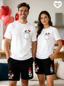 Disney 2 piezas Conjunto de ropa de estar en casa informal con estampado de Mickey Mouse para hombres, con top de cuello redondo y pantalones cortos, adecuado para primavera/verano - Blanco y Negro - Ver 1