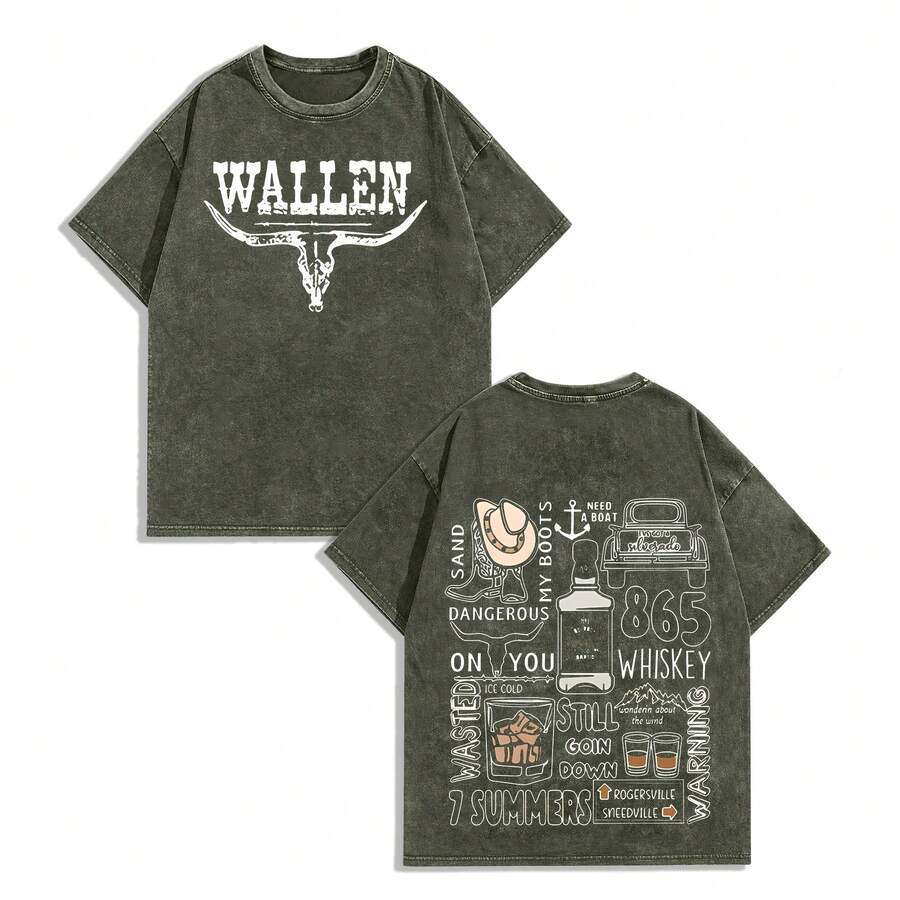EWH Men Y2K "M Organ Wallen Doodle Collage" Vintage Washed Black Country Music Graphic T-Shirt, 230g 100% Cotton Oversized Tee For Streetwear & Country Fans Gifts 004-AB - 軍綠色 - 查看 1