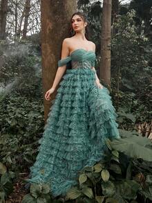 Faeriesty Elegant Layered Ruffle Mesh Overlay Pleated Formal Evening Gown - Dark Green - View 5