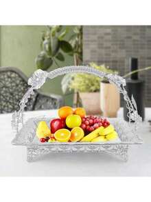 1pc Metal Fruit Snack Basket, Multifunctional Retro Style Tray With Handle, Durable Rectangular Platter For Kitchen, Living Room, Hotel Decor, Holiday & Party Coffee Tray - Multicolor - View 8