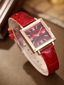 1件女士优雅时尚真皮表带腕表，方形罗马数字表盘，石英表套装 - 玫瑰金 - 查看 4