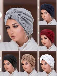 1顶新款多色编织侧边头带帽，纯色穆斯林头巾帽 - 彩色 - 查看 11