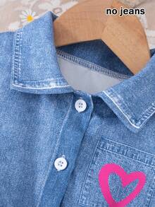 BASUSARRI 女童无袖纽扣开襟衫连衣裙,数码3D印花效果仿口袋心形图案收腰休闲衬衫裙,百搭时尚 - 藍色 - 查看 5