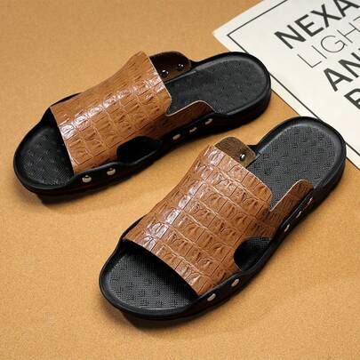 Sandalias casuales de verano con correa para hombres, de cuero de cocodrilo, pantuflas para exteriores y playa con suelas suaves y cómodas