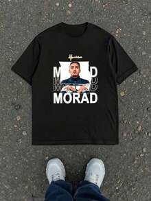 1pc Morad Portrait Print Women'S Round Neck T-Shirt  Casual Style, Perfect For Daily Wear And Festive Gifts - Đen 2 - Xem 1