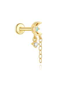 Brincos de cartilagem em prata de lei 925 com formato de lua, modelo 1 peça, com corrente e base plana. Hipoalergênicos, ideais para piercings na cartilagem, daith, conch, tragus e hélix. Uma ótima opção de presente para mulheres. - Ouro - Ver 11