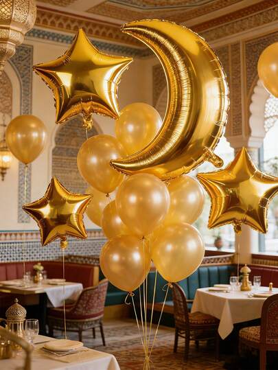 5pcs Gold Moon & Star Foil Balloon Set, Helium Balloons For Birthday Party, Wedding, Baby Shower, Ramadan Decoration, Eid Mubarak Party Supplies, Islamic Muslim Holiday Photo Props