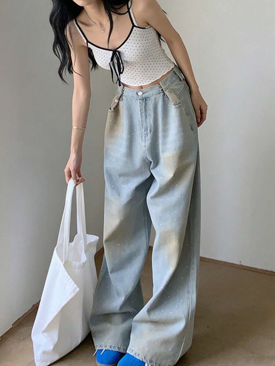 Jeans de pierna ancha con bolsillos y tachuelas de strass degradado para mujer - Lavado ligero - Ver 1