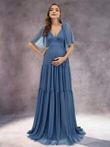 Irresista Dressalisa 優雅孕婦深V領蝴蝶袖雪紡大尺寸薄紗裙洋裝，適合春夏場合活動 - 霧霾藍 - 查看 1