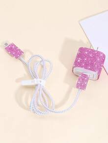 Pink Bling Rhinestone 5pcs/Set Apple Phone Data Cable Protection Kit Rhinestone Winding Cord Organizer, Anti Bending Cable & Charger Head Protector Women's Day Gift - Pink - View 3
