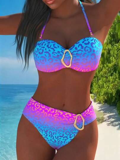 Ombre Leopard Print Backless Bikini Top And Triangle Bottoms 2 Pieces Swimsuit Set, Vacation