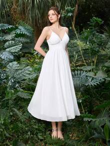 Faeriesty 优雅白色V领荷叶边中长连衣裙 - 高腰A字雪纺夏季连衣裙，适合派对、海滩、度假、婚礼等场合 - 白色 - 查看 5