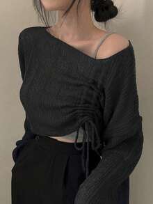 女士上衣，韩版柔软针织抽绳毛衣，黑色 - 黑色 - 查看 2