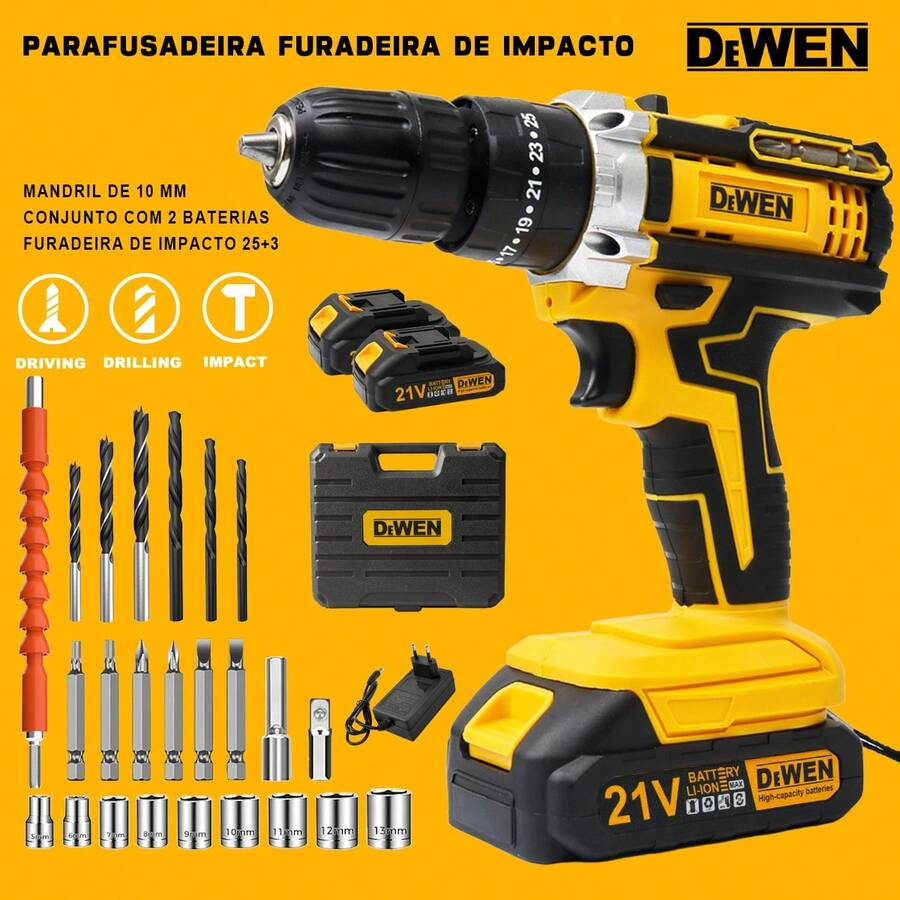 Cordless Impact Drill And Screwdriver 21V With LED, 2 Rechargeable Batteries, Dual Voltage And 29 Accessories - Complete Case For Professional And Home Use - Màu vàng - Xem 1