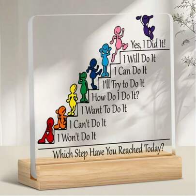 1件亚克力励志成长阶梯桌面摆件，印有“自我反思成长阶段”字样，适合追求个人成长并需要积极心理暗示的人士，可放置于书桌、卧室等处，营造鼓舞人心的氛围，是生日、毕业的理想礼物。