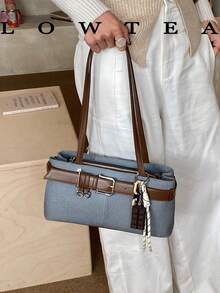 low tea 1个低茶色纯色PU皮革单肩包，女士复古时尚方形手提包，顶部双提手，拉链封口，适合旅行、购物、约会、女士礼物，也适合通勤、户外活动、旅行、徒步。 - 藍色 - 查看 6