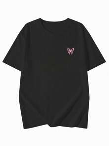 Women's Loose Fit Round Neck Short Sleeve Letter & Butterfly Print T-Shirt, Spring/Summer Casual Black - Black - View 6