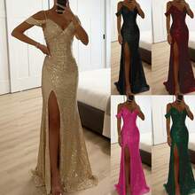 Spring And Autumn New Style Spaghetti Strap Sequin Split Dress Casual Loose Party Dress - Black - View 2