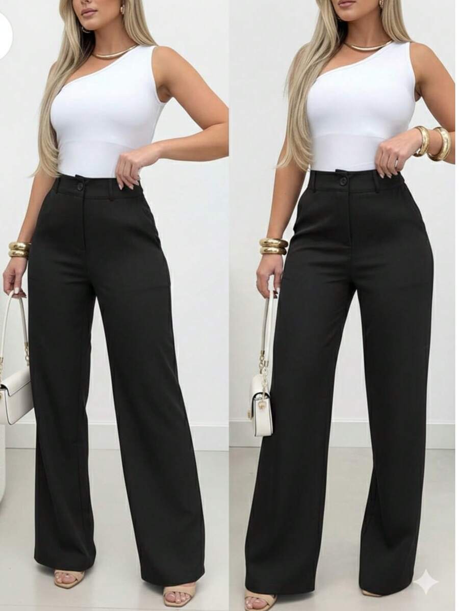Women's Wide-Leg Trousers, Dress Pants With Pockets. - 黑色 - 查看 1