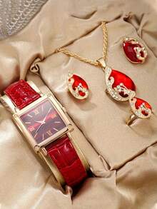 1件女士优雅时尚真皮表带腕表，方形罗马数字表盘，石英表套装 - 玫瑰金 - 查看 3