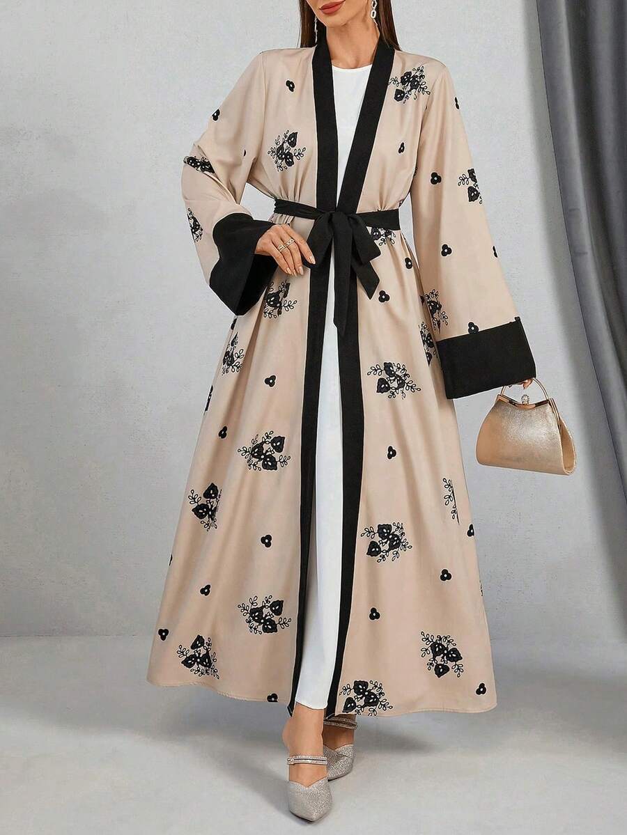 女士优雅花卉印花拼色束带长袍，波西米亚风度假长袍 - 彩色 - 查看 1