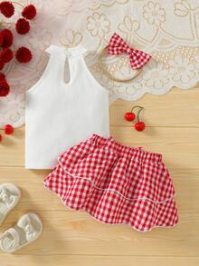 3pcs Baby Girl Casual Daily Fashion Sweet Cute White Knitted Vertical Stripe Sleeveless Round Neck Cherry Embroidery Cardigan Top, Red Plaid Double Layer Cake Skort, And Bow Headband Set, Summer - Red - View 3