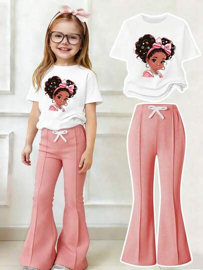 Toddler Girls' Cartoon Print Round Neck Short Sleeve Top And Flare Pants Set