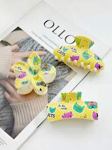 1个/3个/8个 花卉印花休闲ABS塑料卡通猫咪造型发夹，可爱小猫咪发爪，适合盘发 - 彩色 - 查看 1