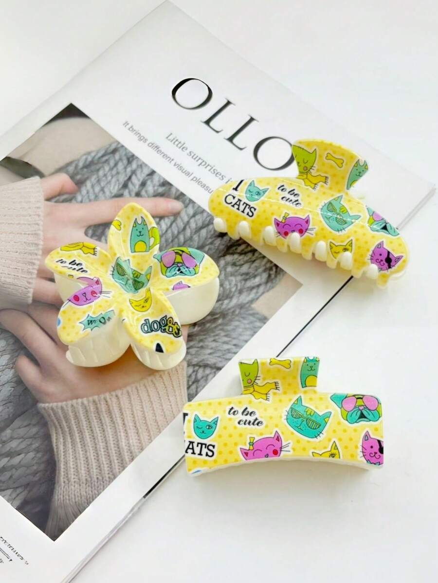 1个/3个/8个 花卉印花休闲ABS塑料卡通猫咪造型发夹，可爱小猫咪发爪，适合盘发 - 彩色 - 查看 1