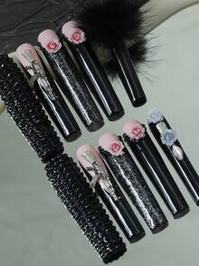 CrystalHola Valentine's Day 10 Pcs Handmade Press-On Nails, Square Long Nails, Y2K Color, Black And Pink Nail Base With Black Pom-Pom, 3D Flowers, Exquisite Accessories, Full Coverage, Removable And Reusable, Durable, Unique Summer Nail Art, A Must-Have Fashion Accessory For Parties And Weddings. Nail Supplies - Multicolor - View 2