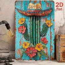 Cartel de metal con sombrero de paja vintage y cactus para el festival del Eid. Señal de metal multiusos adecuada para entornos interiores y exteriores, perfecta para cafés, bares, jardines, restaurantes, dormitorios y salas de estar. Diseño de montaje en pared, tamaño: 11.8 pulgadas X 7.87 pulgadas - Multicolor - Ver 5