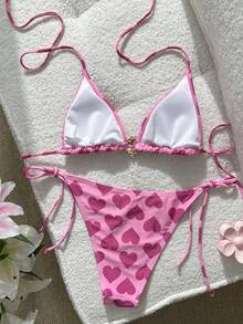 2pcs/Set Sexy Heart Elegant Backless Tie-Up Beach Vacation Outfit, Summer - Pink - View 3
