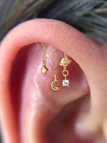 Brincos de cartilagem em prata de lei 925 com formato de lua, modelo 1 peça, com corrente e base plana. Hipoalergênicos, ideais para piercings na cartilagem, daith, conch, tragus e hélix. Uma ótima opção de presente para mulheres. - Ouro - Ver 5