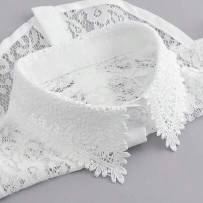 1件女士优雅黑白蕾丝时尚打底衫，镂空星形装饰领，领子可拆卸，秋冬百搭配饰