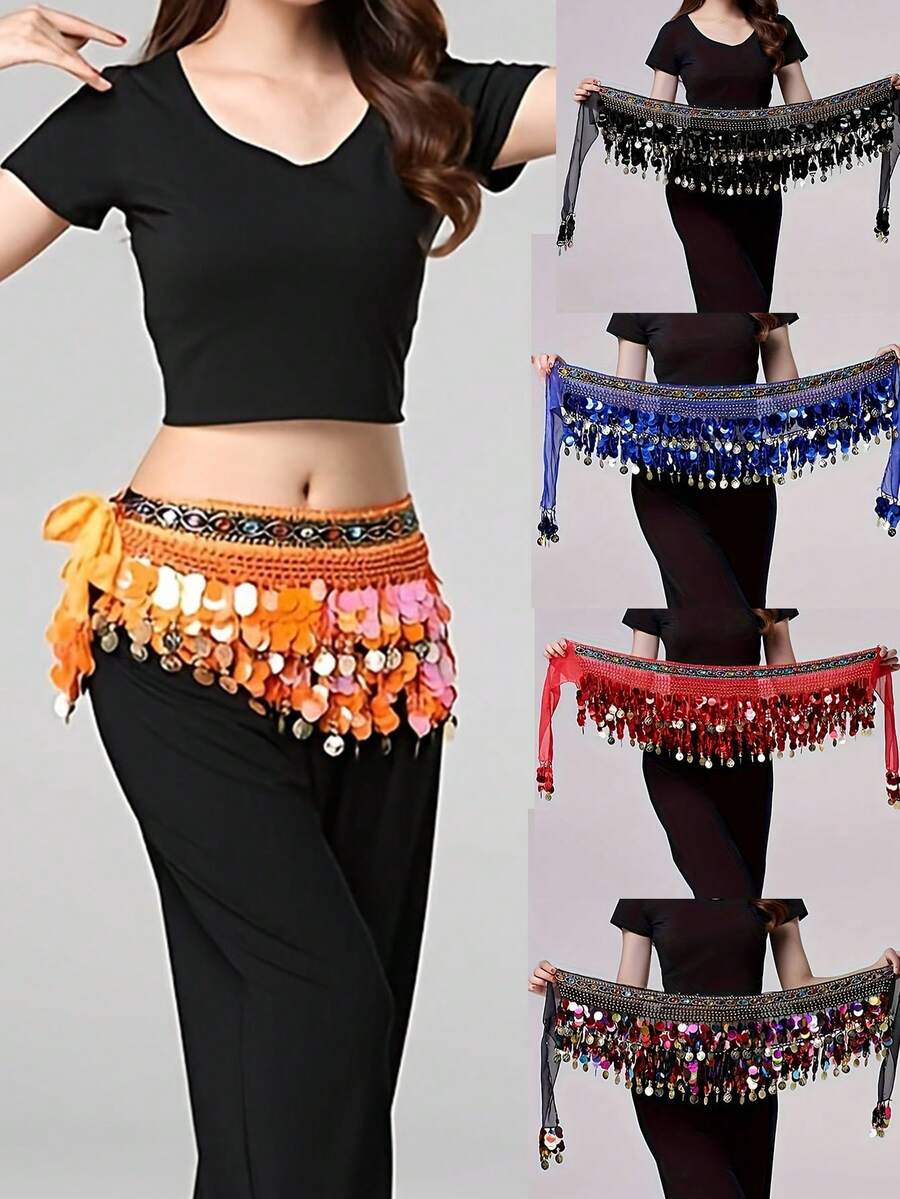 1pc Sequin Fringe Waist Skirt, Belly Dance Hip Scarf With Copper Coins & Rhinestones, Dance Skirt - Multicolor - View 1