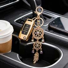 1pc Car Key Chain, Car Interior Decor, Suitable As Valentine's Day Gift, New Dreamcatcher Design With Rhinestones And Hollow Feather, Metal Small Gift, (2 Clasp Styles Randomly Sent) - A - View 6