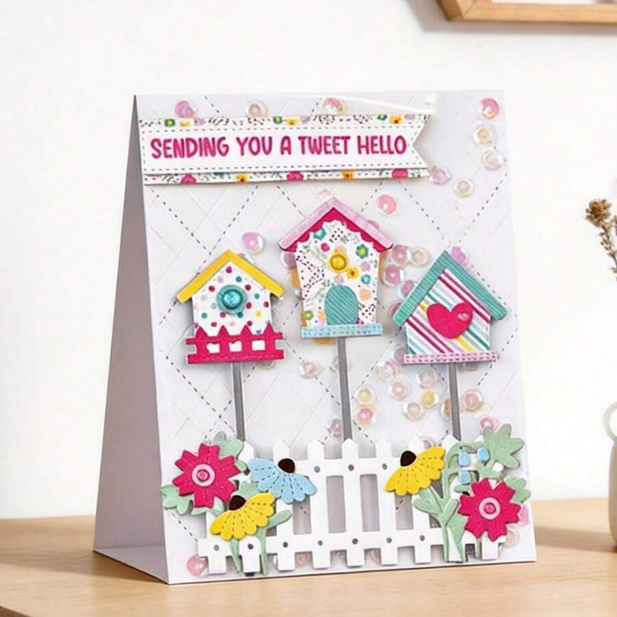 Creative Birdhouse And Fence Dies, DIY Scrapbooking Album And Embossing Stencil, Greeting Card Making Tool, Card Paper Cutting Crafts ,Gift Card Making Template Die Cuts. - Silver - View 1