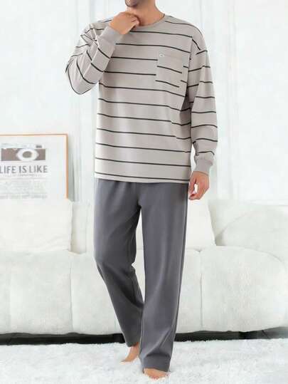 2pcs Men's Plus Size Casual Loose Striped Long Sleeve Top With Pockets & Solid Color Lounge Pants Pajama Set, Suitable For Spring, Autumn, Winter, Valentine's Day Gift