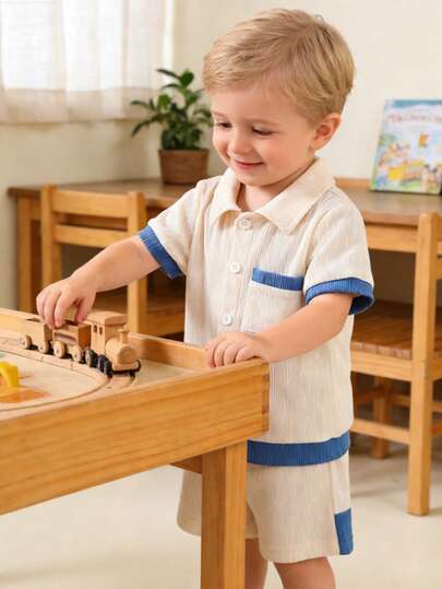 2pcs Boys' Casual Set: White Ribbed Collar Shirt + Navy Patchwork Shorts, Breathable Comfortable Spring/Summer Kids Outfit