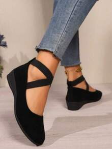 Women's Solid Color Comfy Flat Cross Elastic Band Soft Sole Walking Shoes, Wedge Heel Daily Shoes - màu đen - Xem 2
