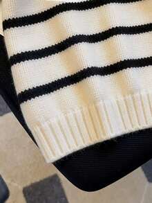 女士夏季休闲撞色条纹翻领拉链短袖针织衫上衣，母亲节春季穿搭 - 白色 - 查看 4